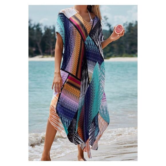 Kamoni Other - Kamoni Color Block V Neck Mumu Short Sleeve Long Length Cover Up